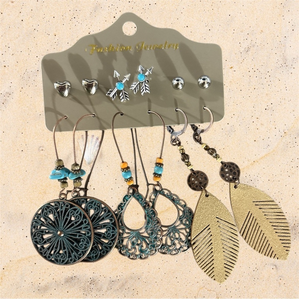 Blue Tan Bronze Silver Earrings Set 6 Pairs